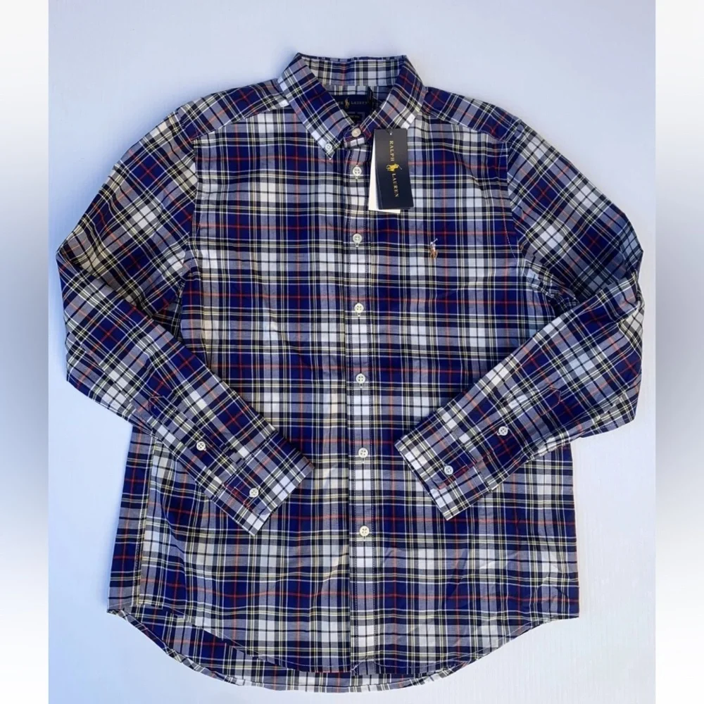 Ralph Lauren Boys Sz Large 14-16 Blue Plaid Button Down Long Sleeve Shirt NWT